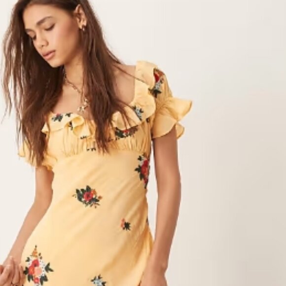 Free People Floral Embroidered Puff Sleeve Maxi Dress Yellow Size M NWT - Picture 6 of 7